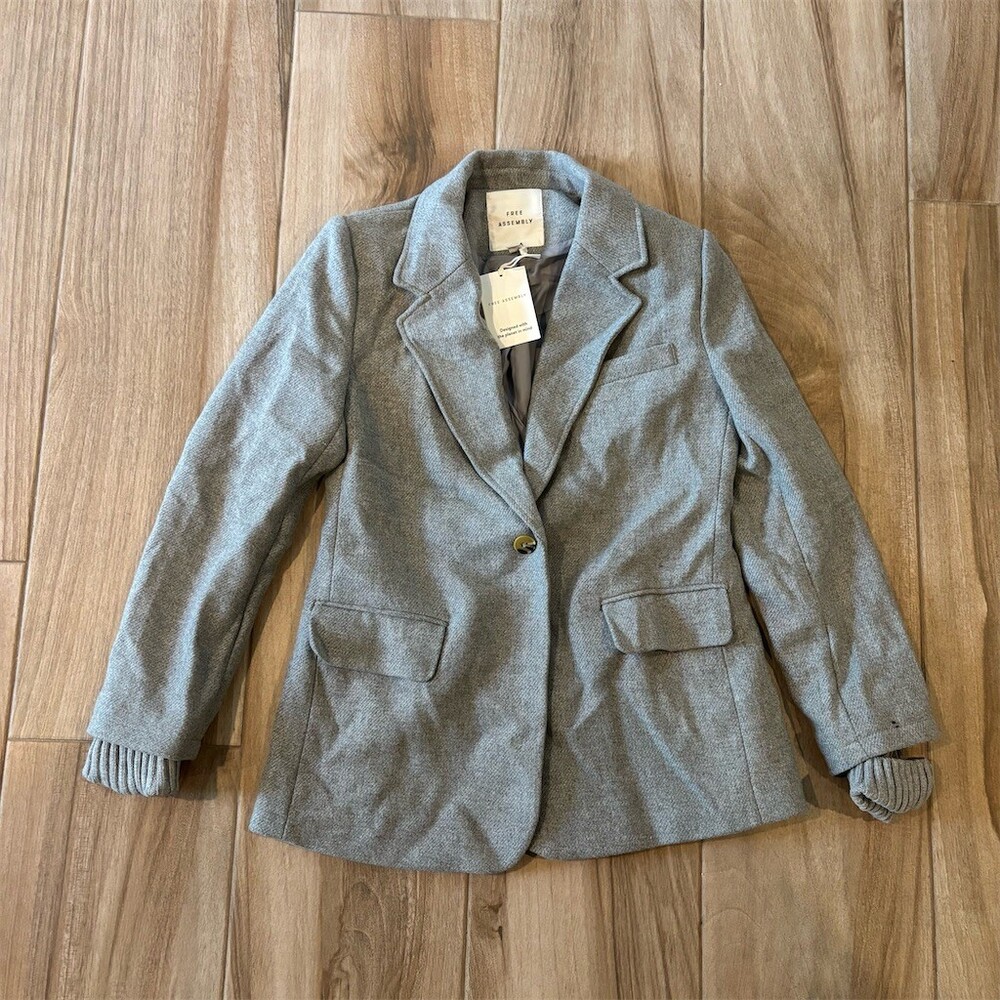 Free Assembly Blazer Jacket Womens Size M Gray Herringbone Single Button